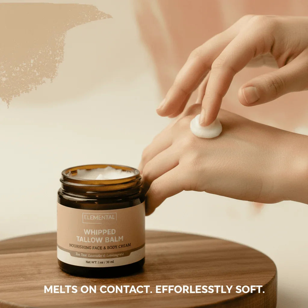 Applying whipped tallow balm nourishing face and body cream on hand, moisture skincare shot