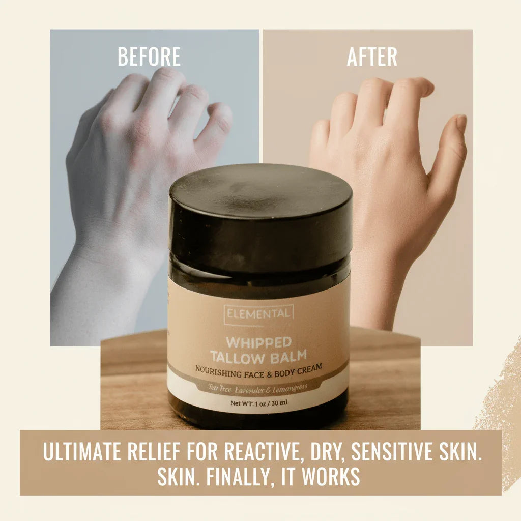 Whipped tallow balm before and after results on dry, sensitive skin, nourishing cream jar shown