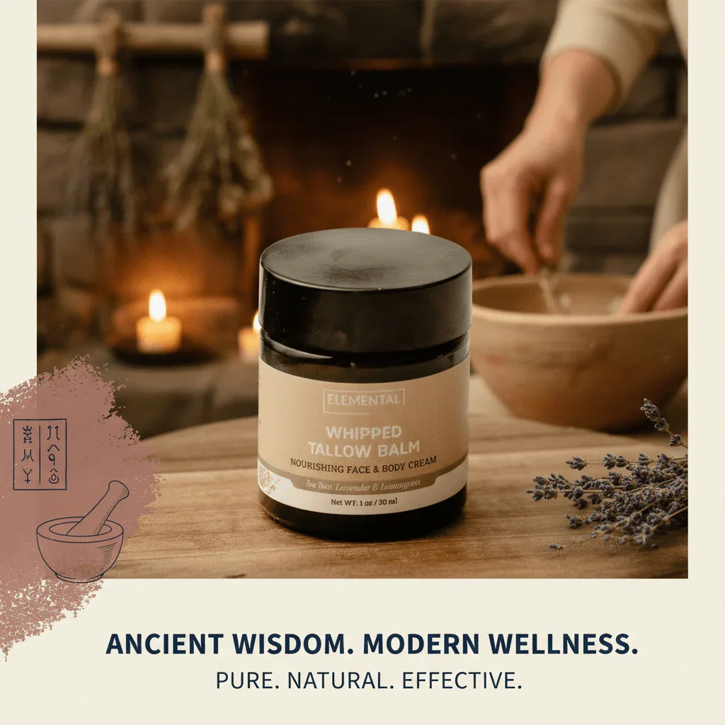 Elemental whipped tallow balm jar on table with lavender, candles, and cozy fireplace background