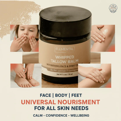 Whipped tallow balm jar for face, body, and feet, shown with hands and feet applying cream.