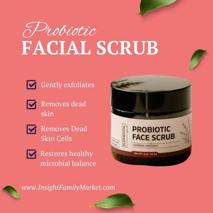 Probiotic face scrub jar on pink background with benefits like exfoliation and microbial balance.