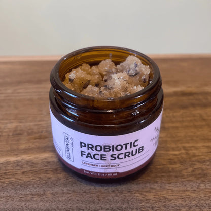 Probiotic face scrub jar with natural exfoliating crystals, lavender and beet root