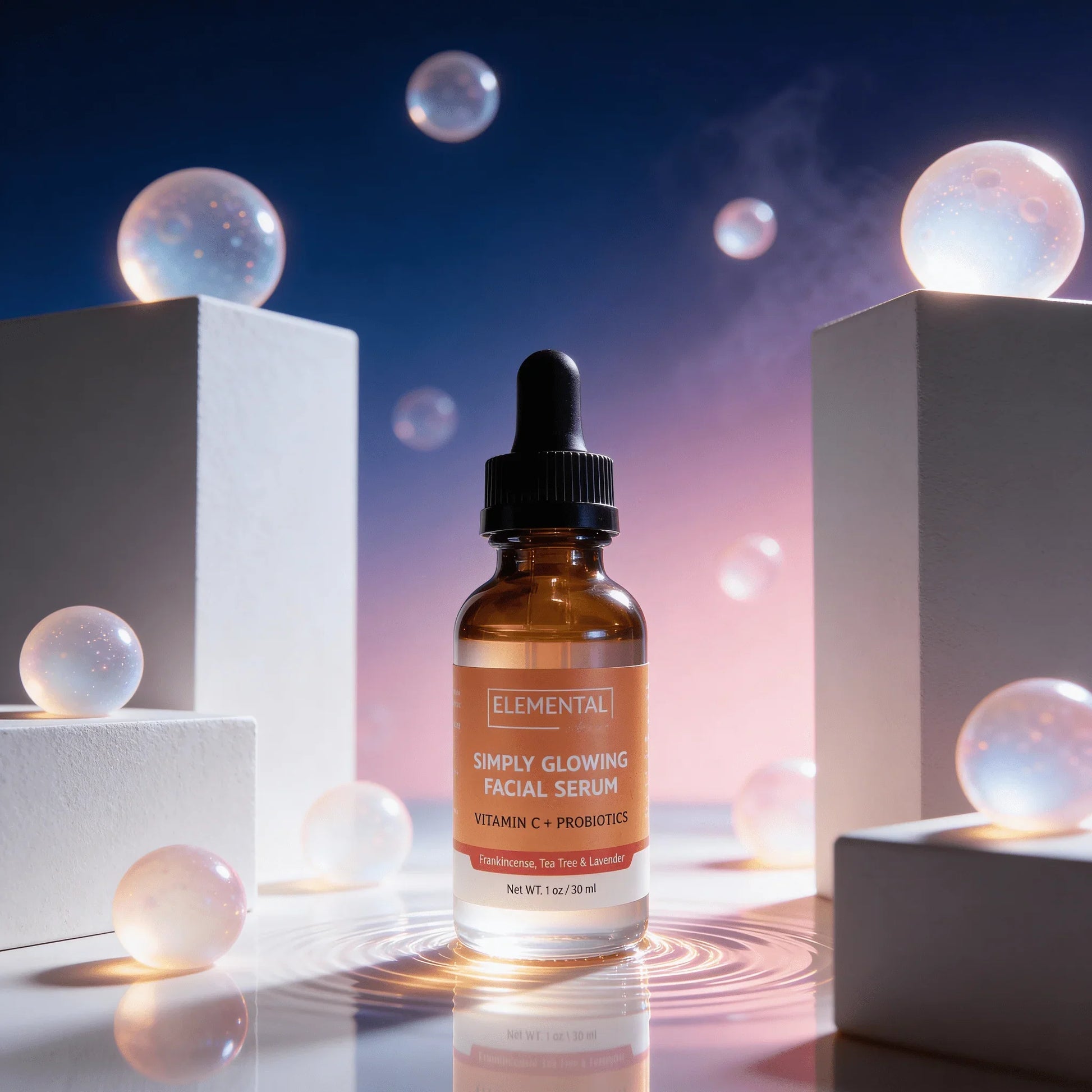 Elemental Simply Glowing Facial Serum bottle with dropper, surrounded by glowing orbs on a colorful background