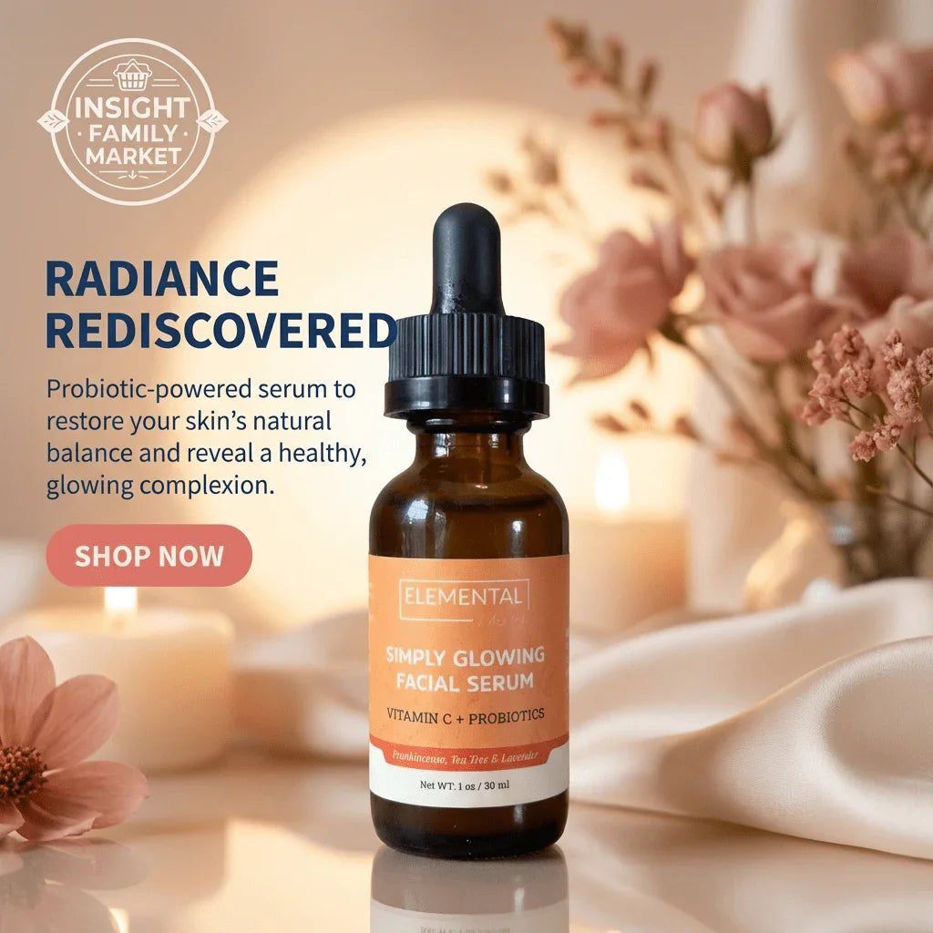 Simply Glowing Facial Serum bottle with flowers, candles, and relaxing spa scene.