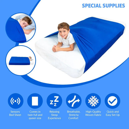 Child using blue sensory bed sheet, infographic highlights breathable, stretchy fabric and easy setup.