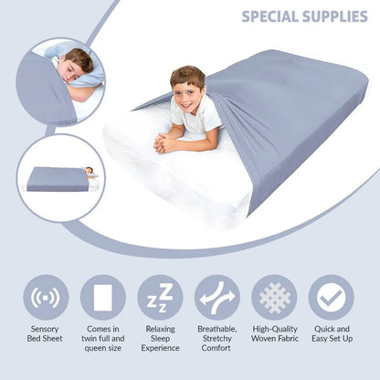 Child using grey sensory bed sheet, breathable stretchy comfort, sleep support infographic.