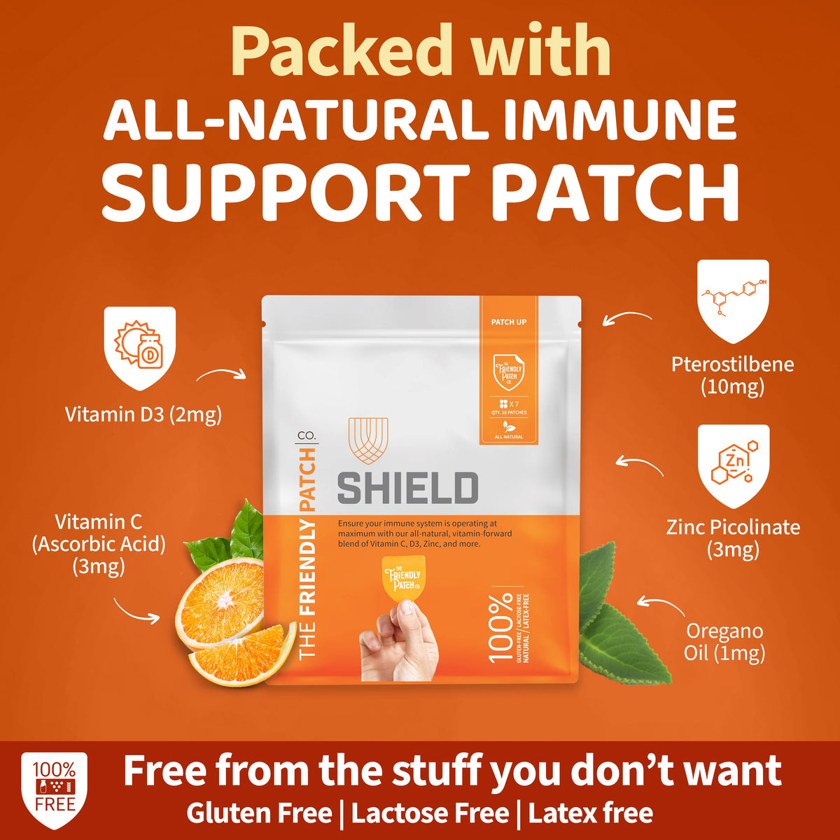Immune support patch packaging with ingredients on an orange background