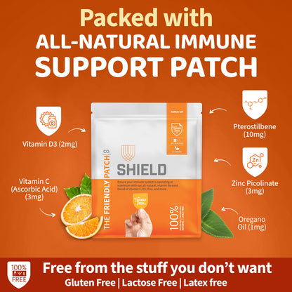 Immune support patch packaging with ingredients on an orange background