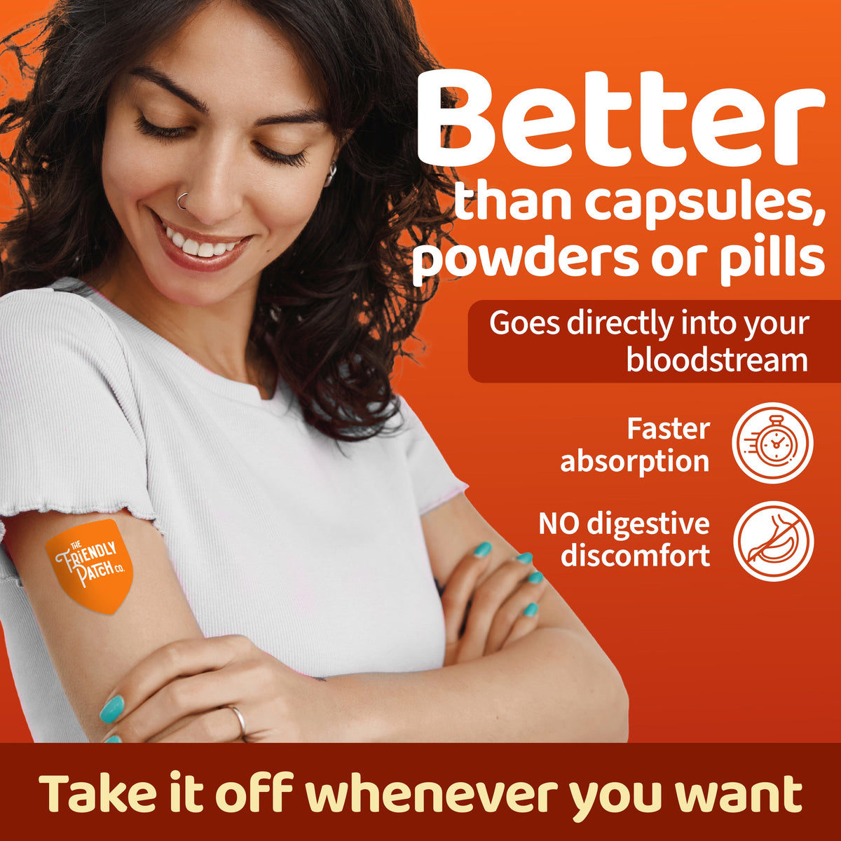 Woman with a patch on her arm against an orange background with promotional text.