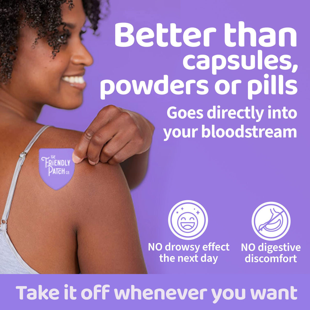 Woman applying a patch on her shoulder with promotional text about its benefits on a purple background.