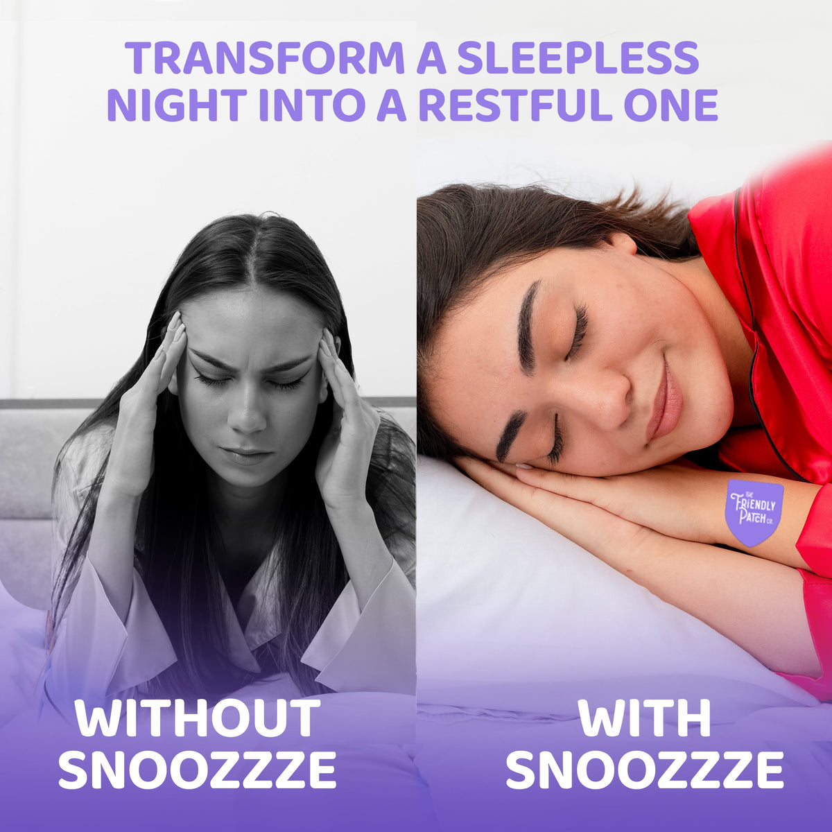 Comparison of a woman with a sleepless night on the left and a restful night with Snoozzzze on the right.