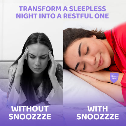 Comparison of a woman with a sleepless night on the left and a restful night with Snoozzzze on the right.