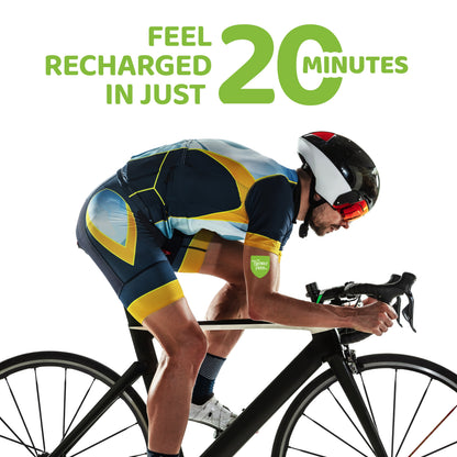 Cyclist in action with text 'Feel Recharged in Just 20 Minutes' on a white background