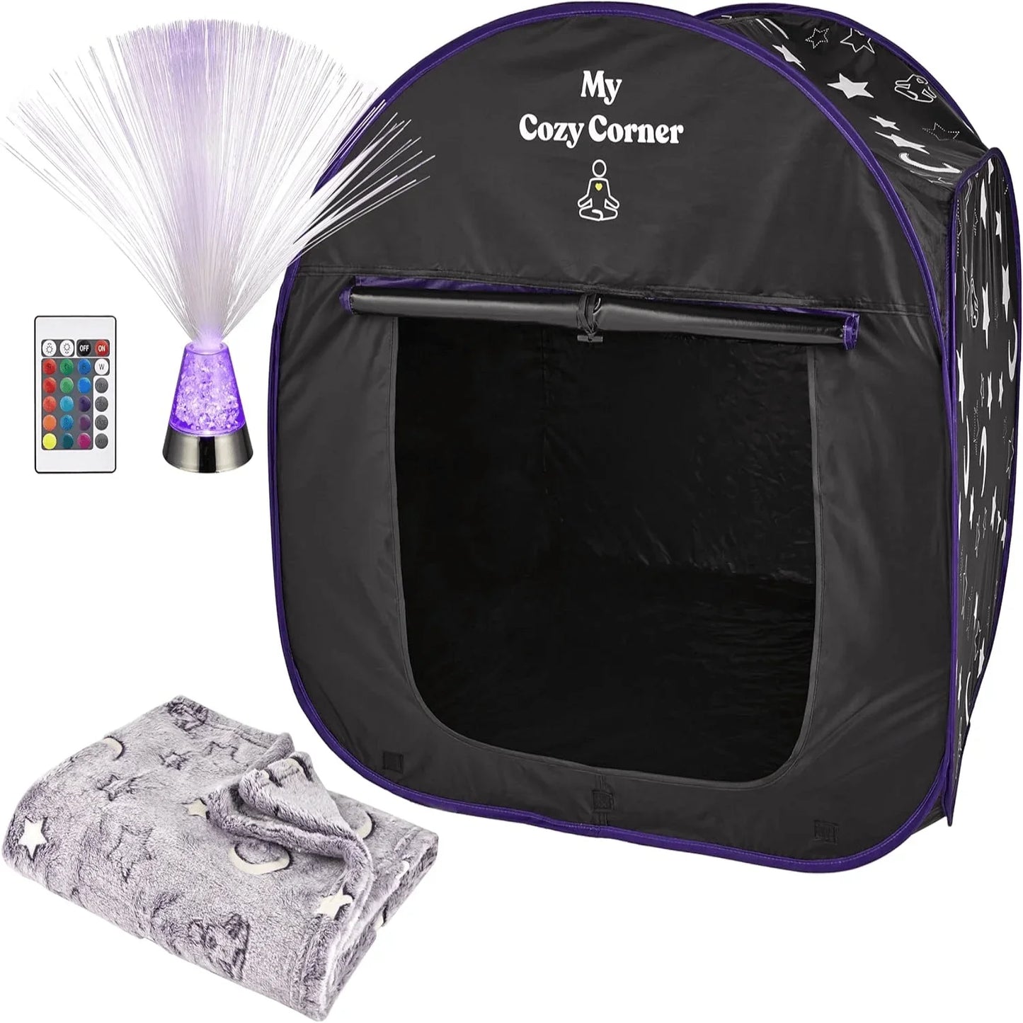 Sensory-friendly tent set with fiber optic lamp, remote, and soft star-patterned blanket