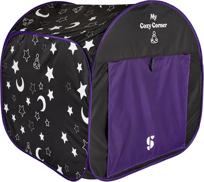 Black and purple sensory tent with stars, moons, and zen figures, labeled 'My Cozy Corner'.