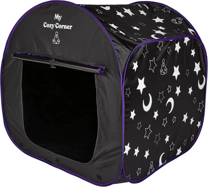 Black sensory tent with moon, star, and meditation icons, labeled My Cozy Corner
