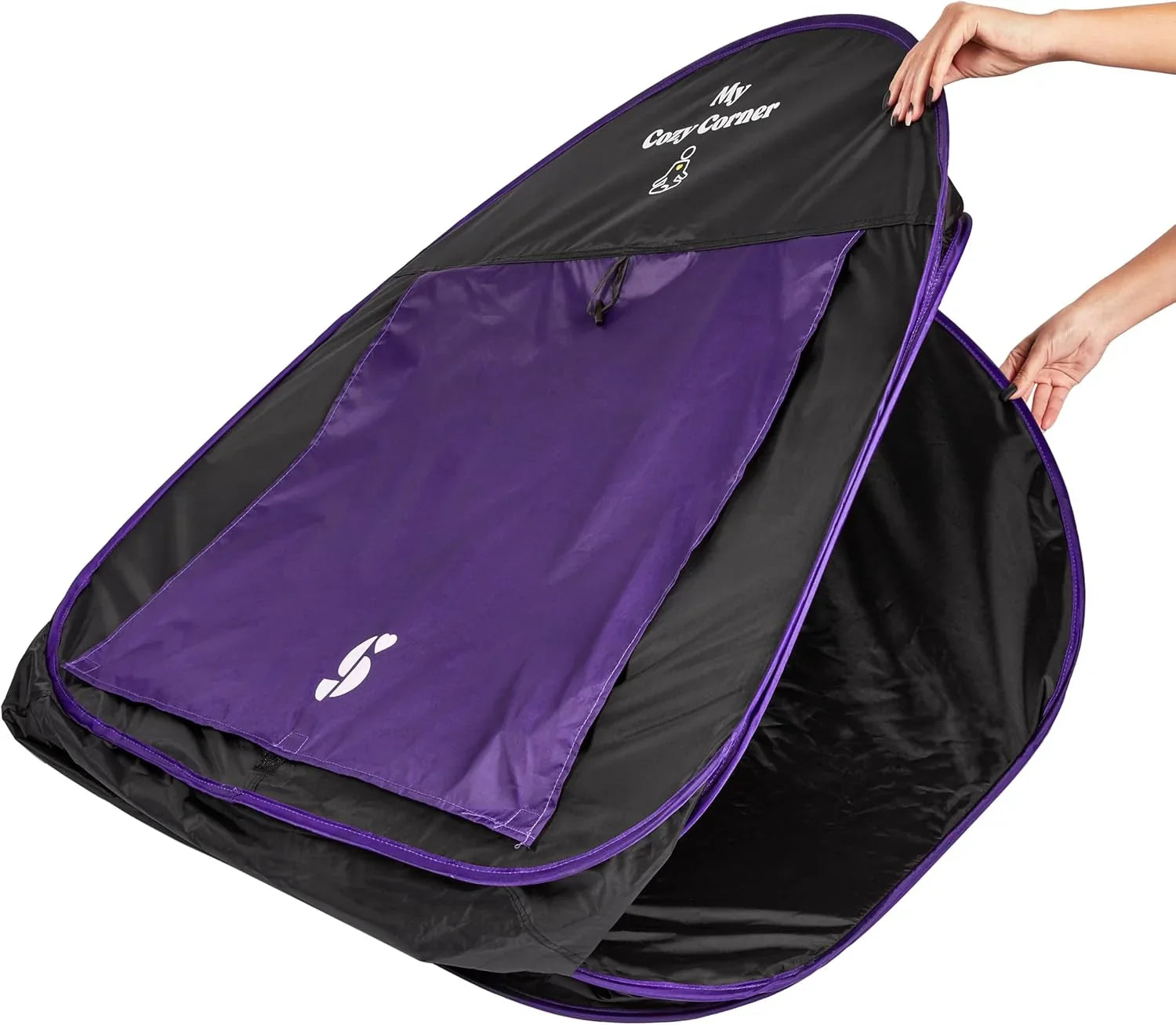 Portable sensory pop-up tent with purple and black design for calming and quiet spaces
