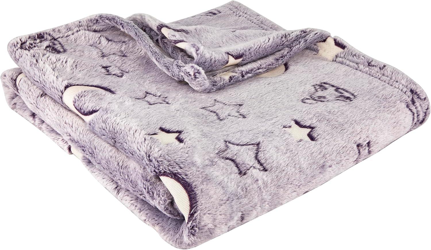 Soft grey sensory-friendly blanket with moon and star patterns, folded neatly.