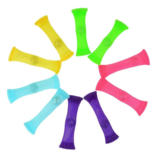 Colorful mesh sensory fidget toys arranged in a circle on white background