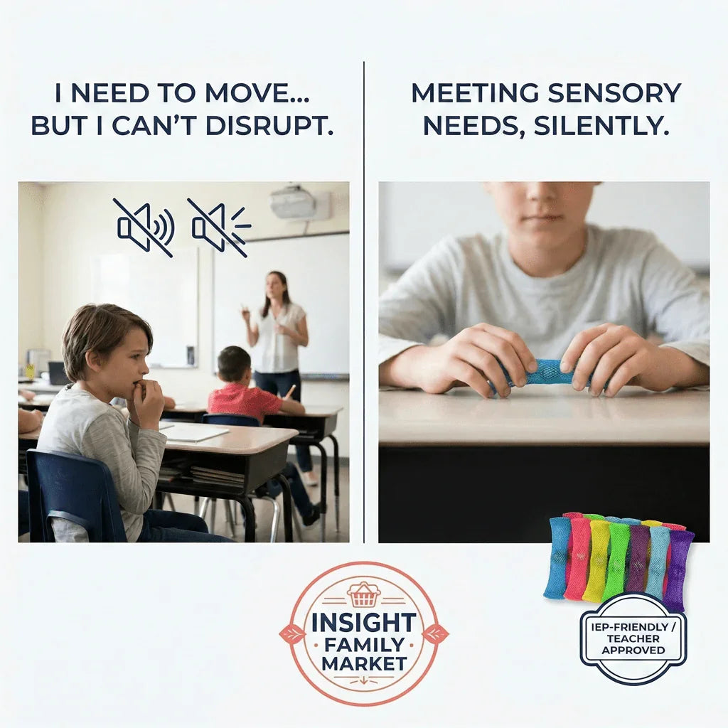 Student using sensory fidget toy silently in classroom, IEP-friendly, meets sensory needs.