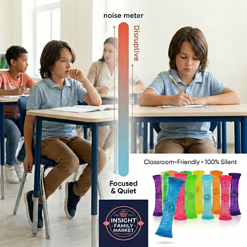Child using silent sensory fidget toy in classroom to improve focus and reduce distractions.