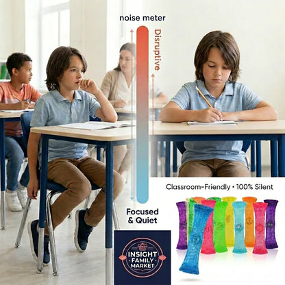 Child using silent sensory fidget toy in classroom to improve focus and reduce distractions.