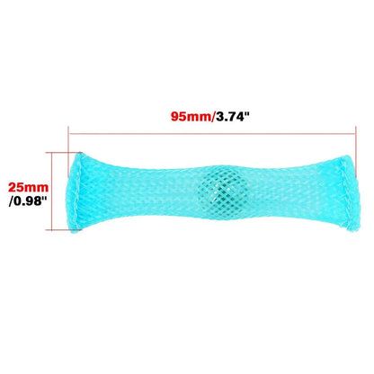 Blue mesh fidget tube with marble, sensory toy, 95mm by 25mm dimensions shown