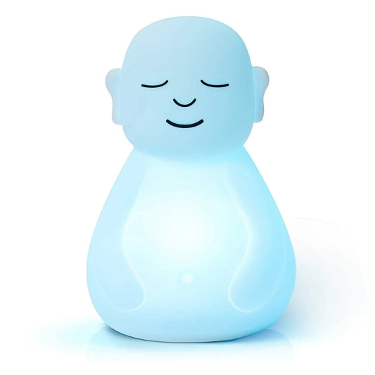 Glowing blue breathing Buddha night light with a peaceful face on a white background