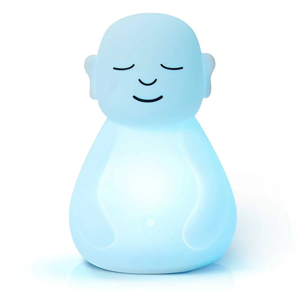 Glowing blue breathing Buddha night light with a peaceful face on a white background
