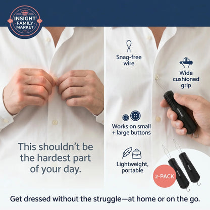 Product advertisement for a button-up shirt with a focus on ease of use, featuring text and icons.