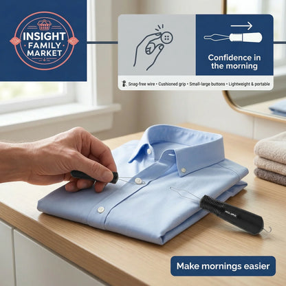 Person folding a blue shirt on a wooden surface with a cleaning tool, set against a neutral background.