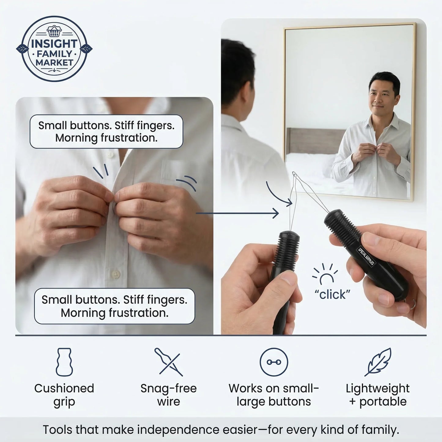 Product advertisement for a tool to help with buttoning shirts, featuring a man using the tool and text highlighting features.