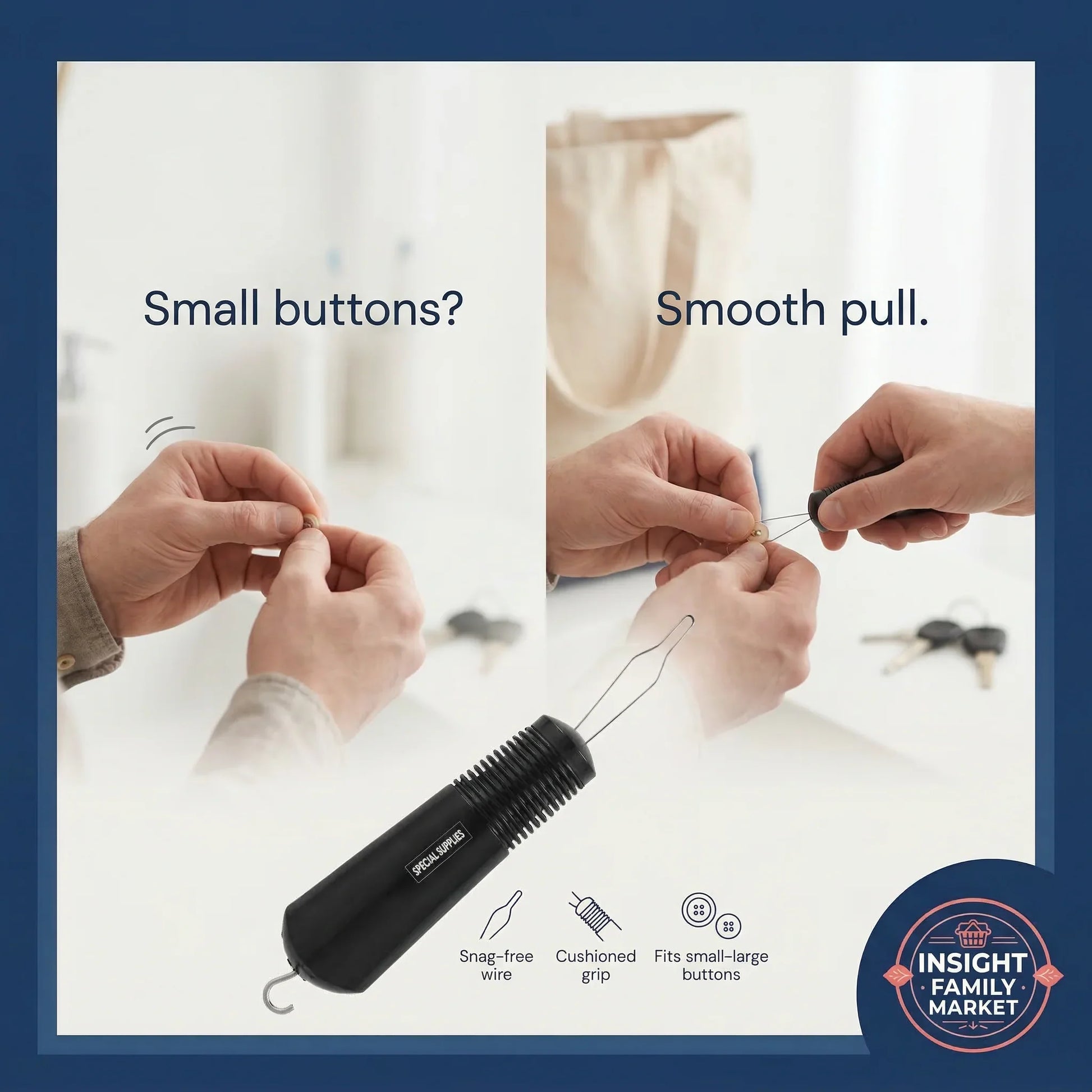 Product advertisement showing a tool for removing small buttons with text and branding.