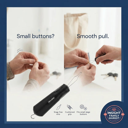 Product advertisement showing a tool for removing small buttons with text and branding.