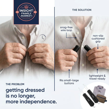 Product advertisement for a button-pressing tool with text and branding elements.