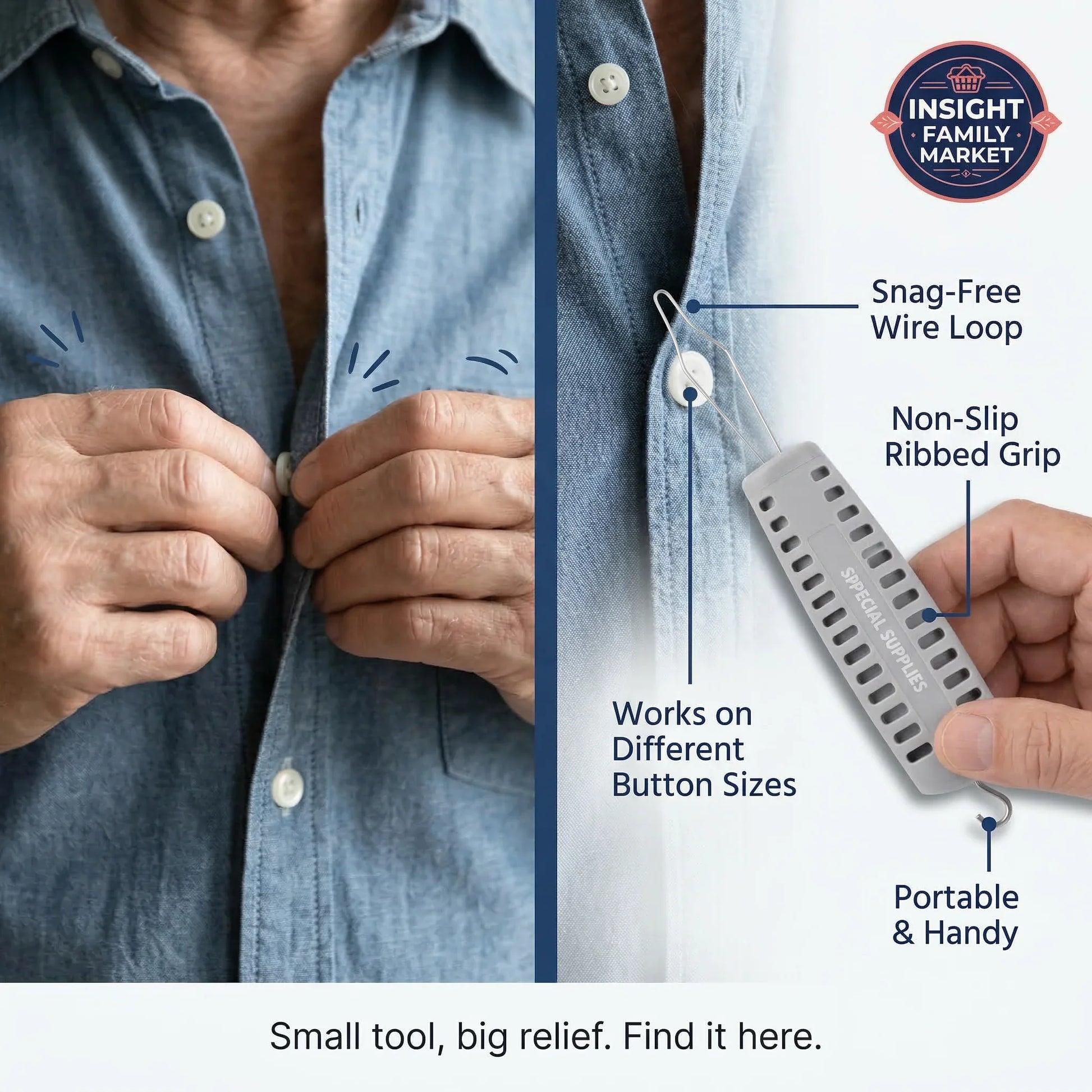 Buttoning aid tool with snag-free wire loop and non-slip grip assisting on a shirt.