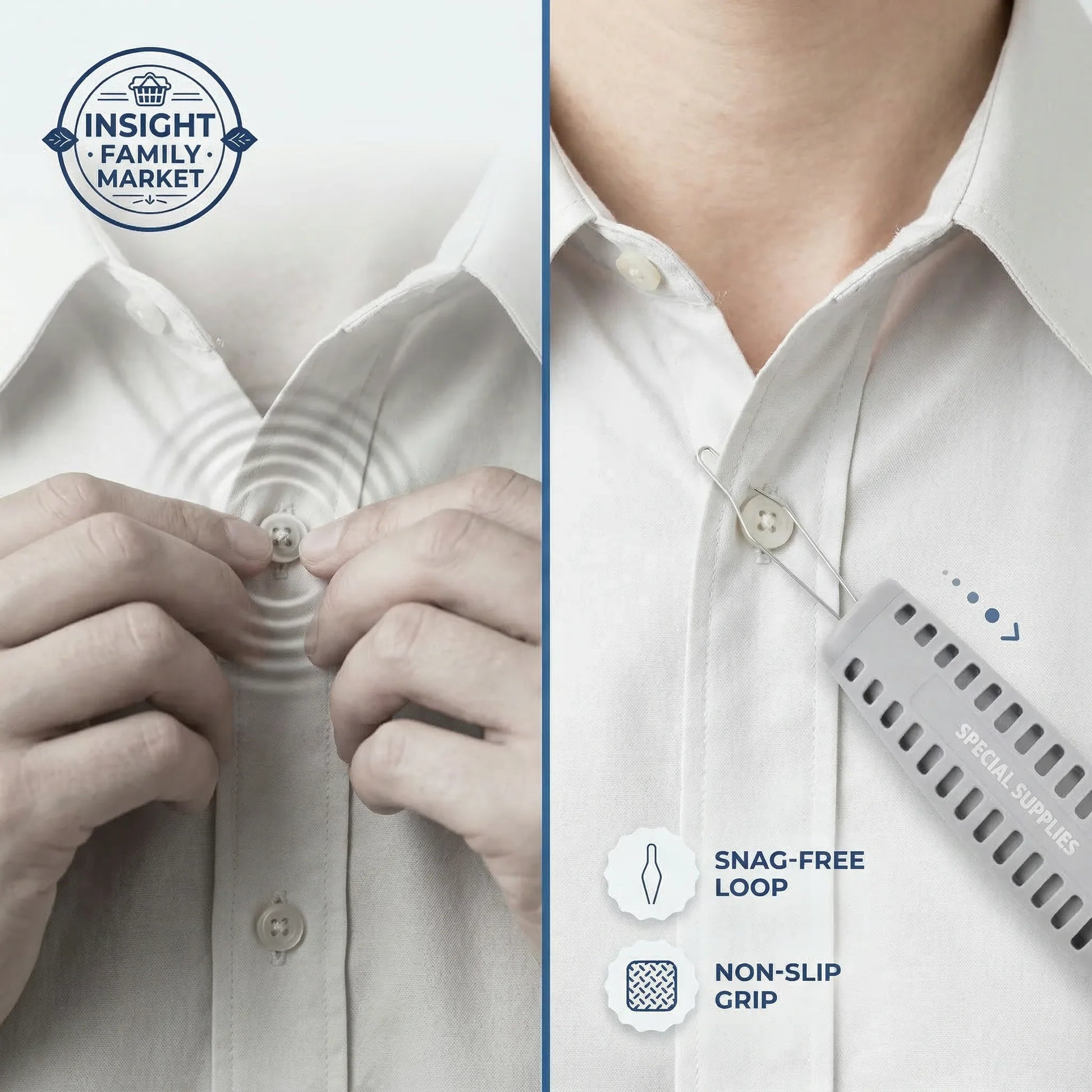 Adaptive buttoning aid tool with non-slip grip and snag-free loop used on a shirt