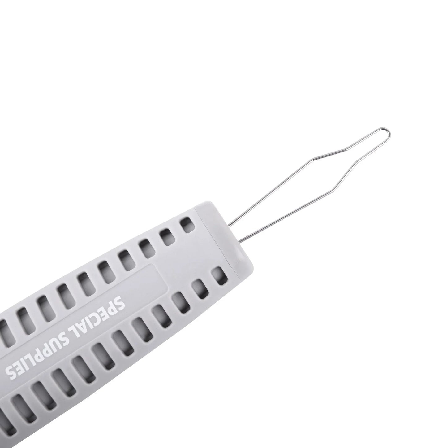 Gray adaptive dressing aid with ergonomic grip and wire loop for sensory-friendly use