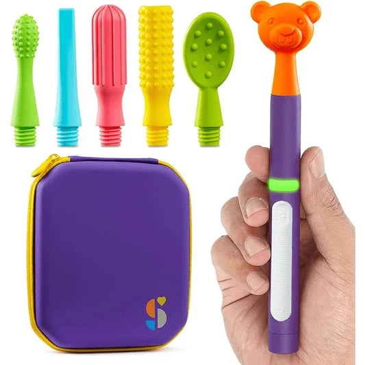 Sensory oral motor chew tool kit with five colorful textured tips, storage case, and hand holding bear-themed handle.