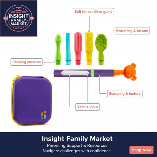 Colorful dental tools with features labeled on a white background, featuring Insight Family Market branding.