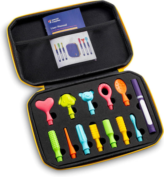 Sensory oral motor tool kit with colorful textured tips and handheld device in a zippered case