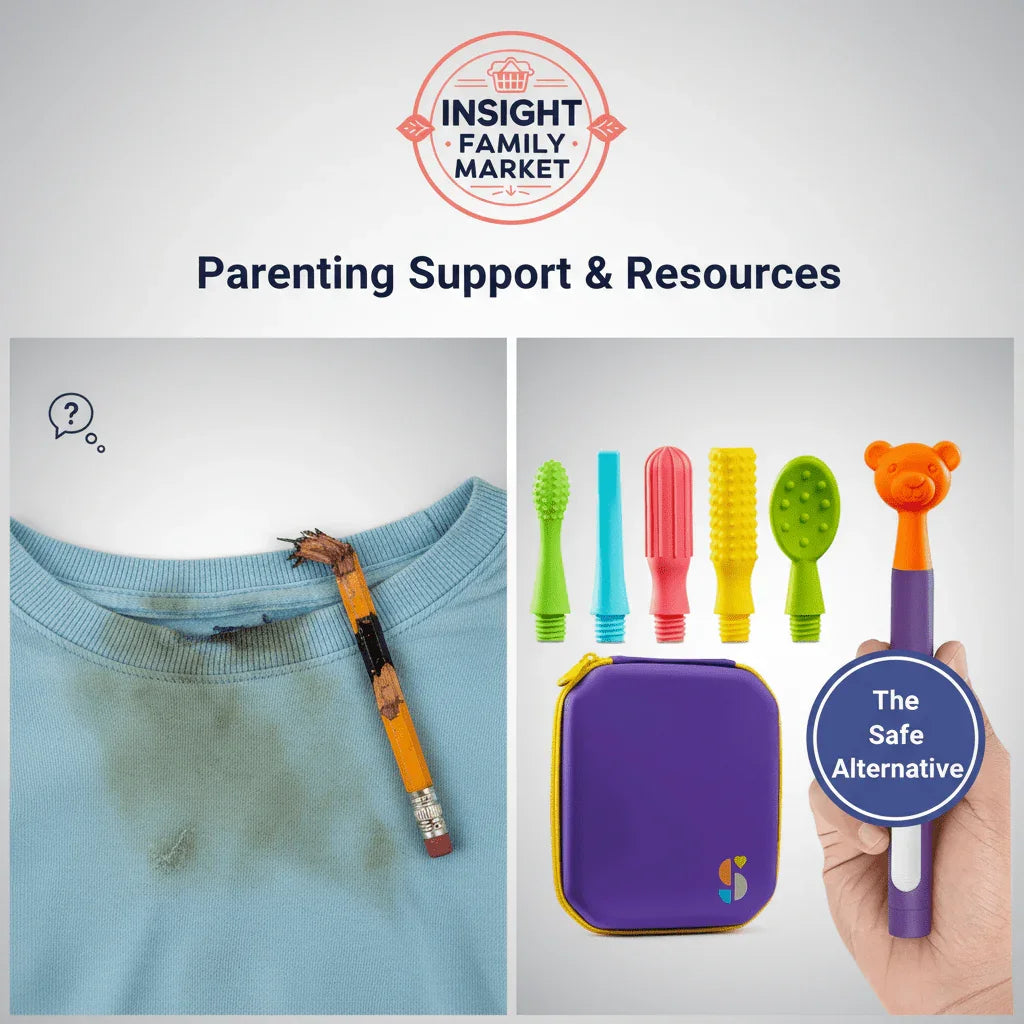 Comparison of chewed shirt collar and pencil with chewable sensory tools for kids.