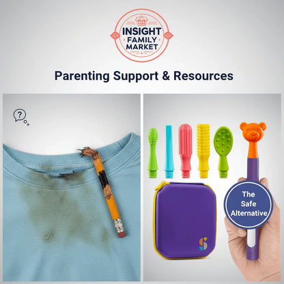 Comparison of chewed shirt collar and pencil with chewable sensory tools for kids.