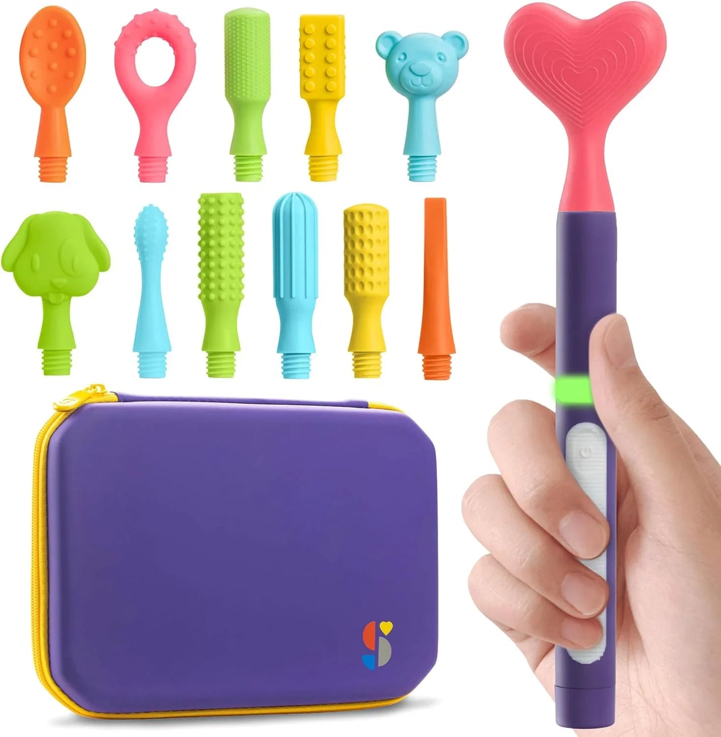 Colorful sensory oral motor chew tool set with multiple textured tips, carry case, and hand holding the pen-style stim tool.