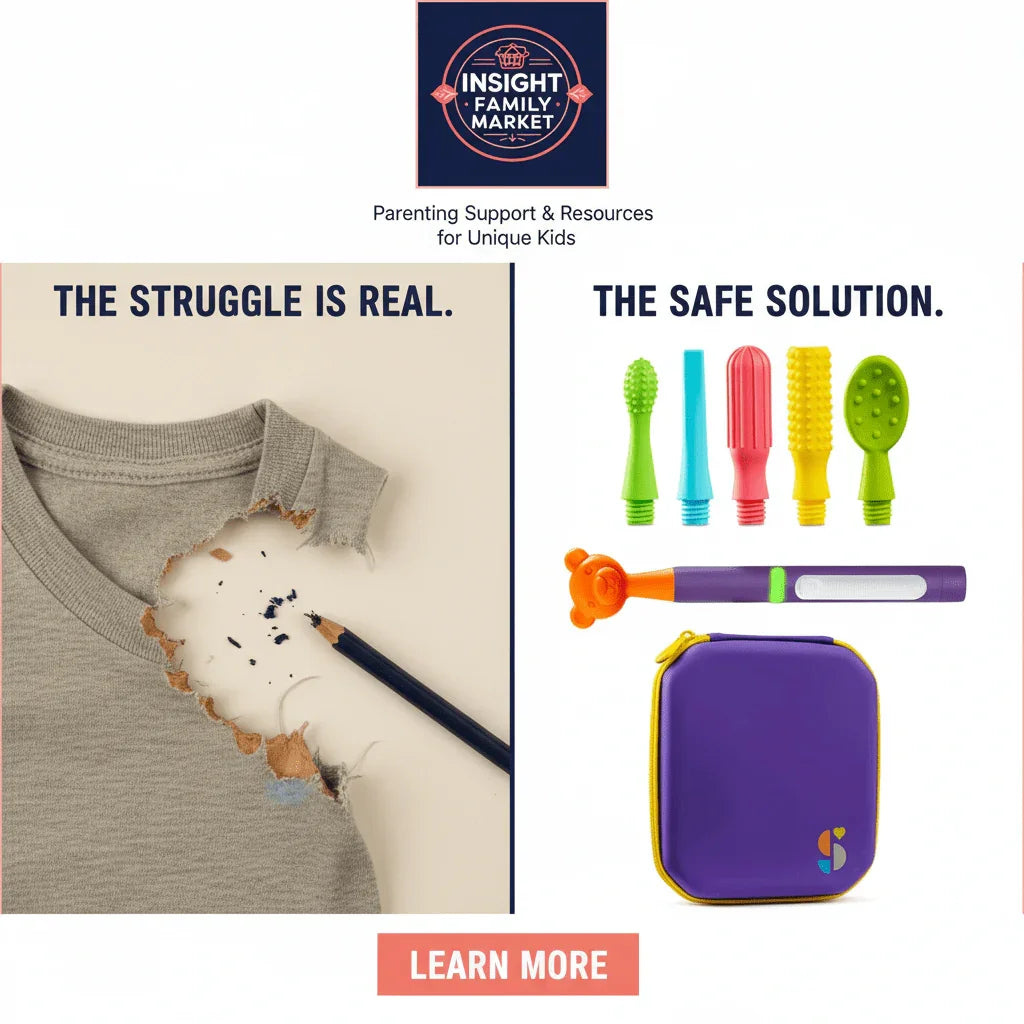 Chewed shirt and pencil on left, colorful sensory chew tools for kids on right, solution for sensory needs.