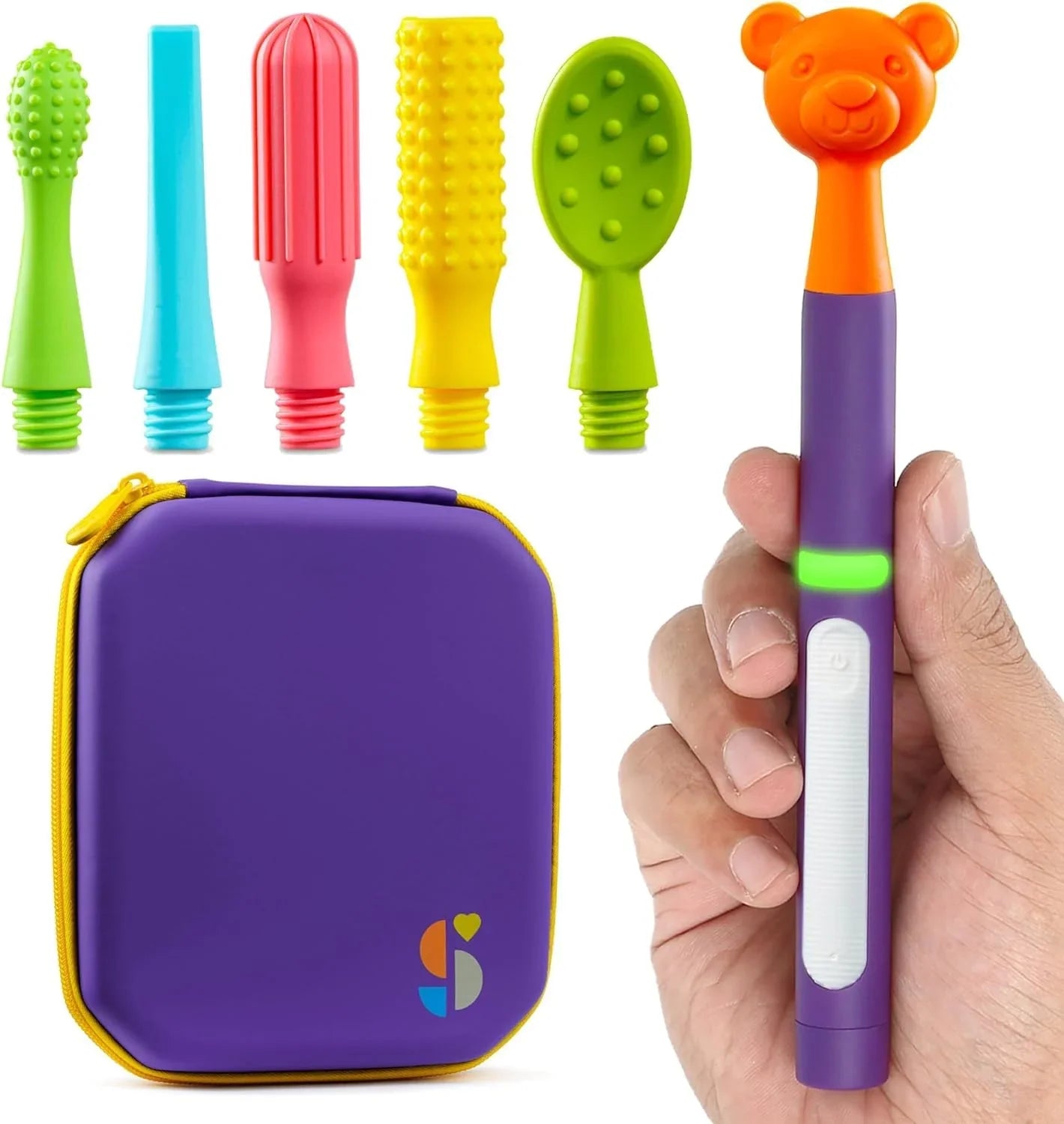 Sensory oral motor tool kit with interchangeable textured tips, purple carrying case, and ergonomic handle for autism and sensory needs support.