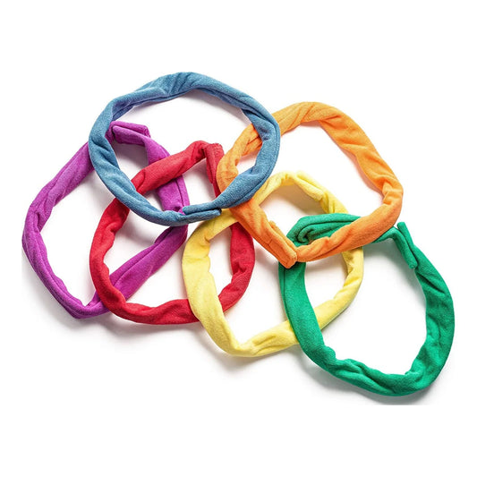 Six colorful fabric sensory rings in blue, orange, purple, red, yellow, and green.
