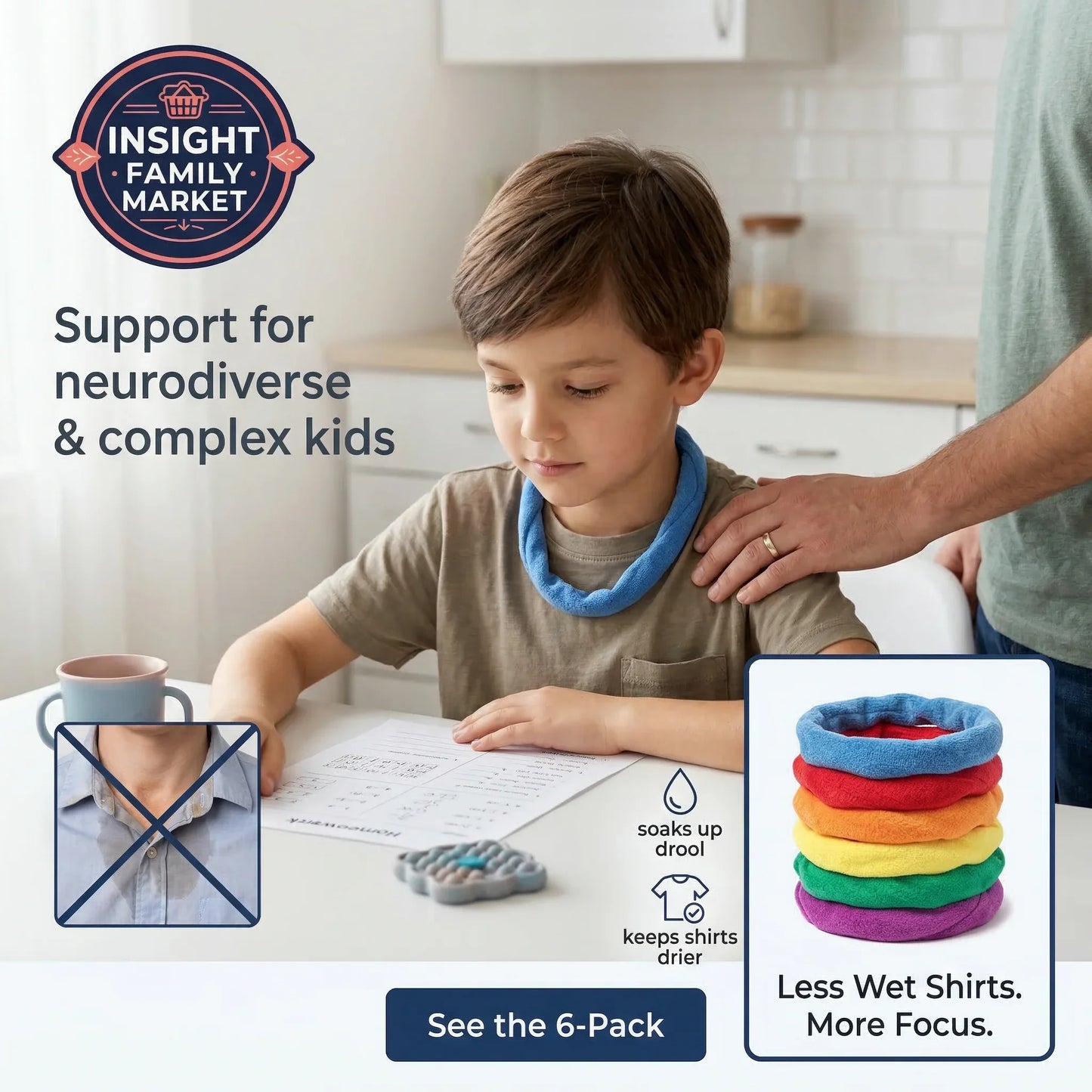 Child wearing a colorful neck wrap with text about support for neurodiverse and complex kids, Insight Family Market branding.