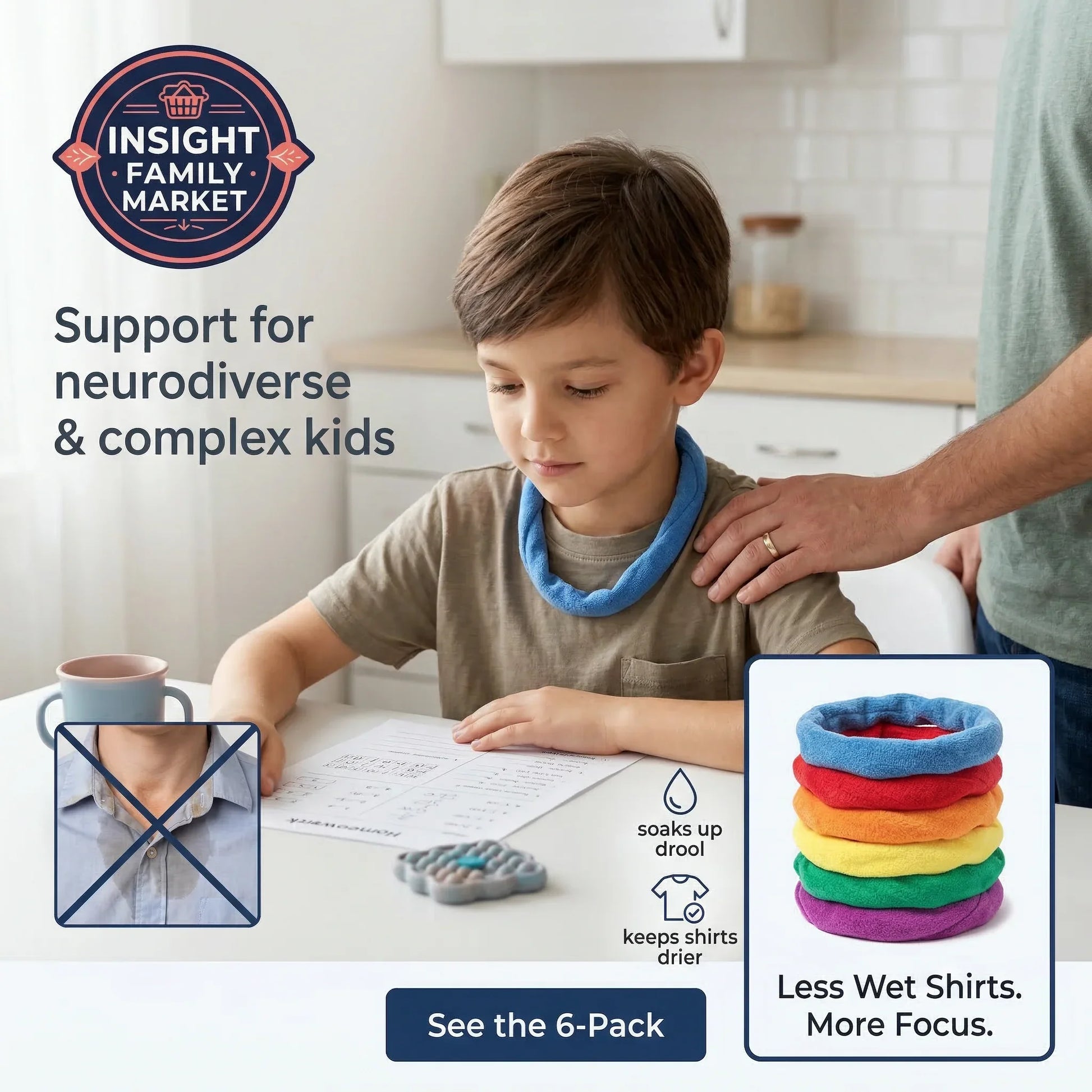 Child wearing a colorful neck wrap with text about support for neurodiverse and complex kids, Insight Family Market branding.