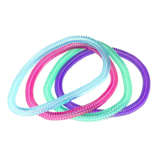 Colorful sensory chewable coil bracelets in blue, pink, green, and purple on white background